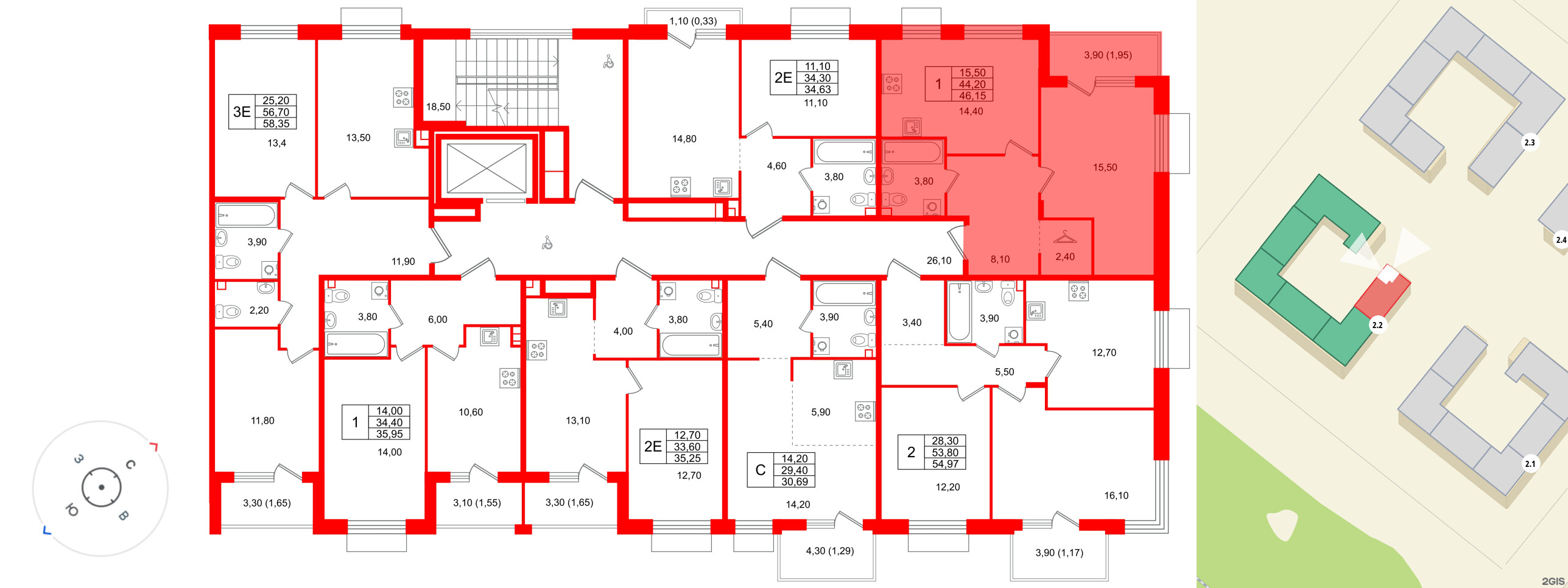 Квартира в ЖК Лисино, 1 комнатная, 48.1 м², 3 этаж