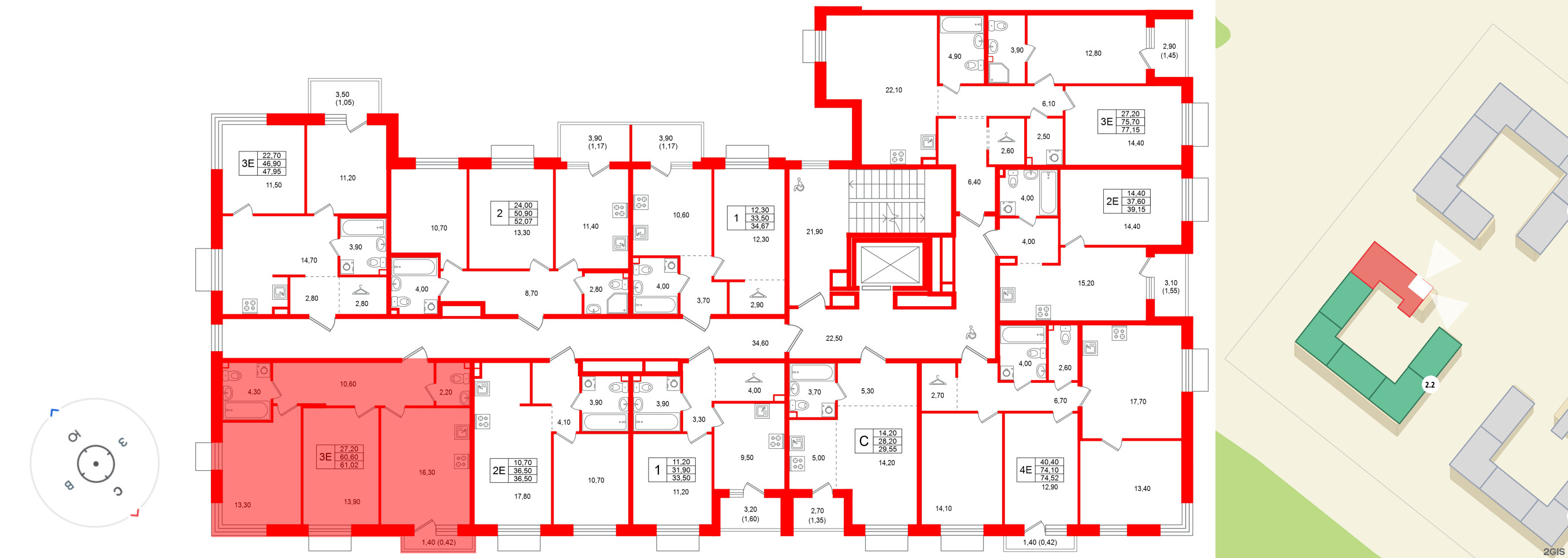 Квартира в ЖК «Лисино», 2 комнатная, 62 м², 3 этаж