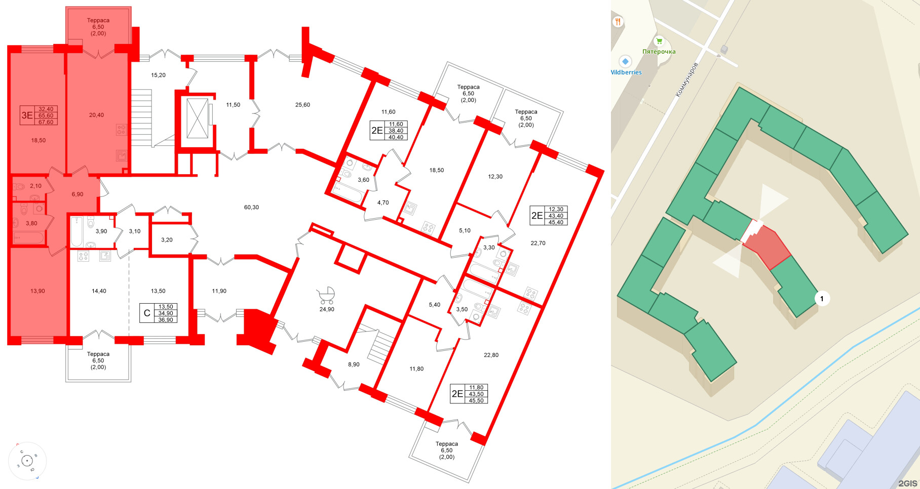 Квартира в ЖК Кронунг Юг, 2 комнатная, 67.6 м², 1 этаж