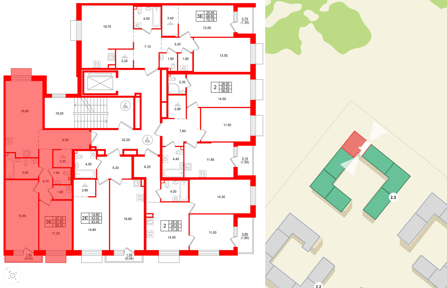 Квартира в ЖК Лисино, 2 комнатная, 69.4 м², 3 этаж
