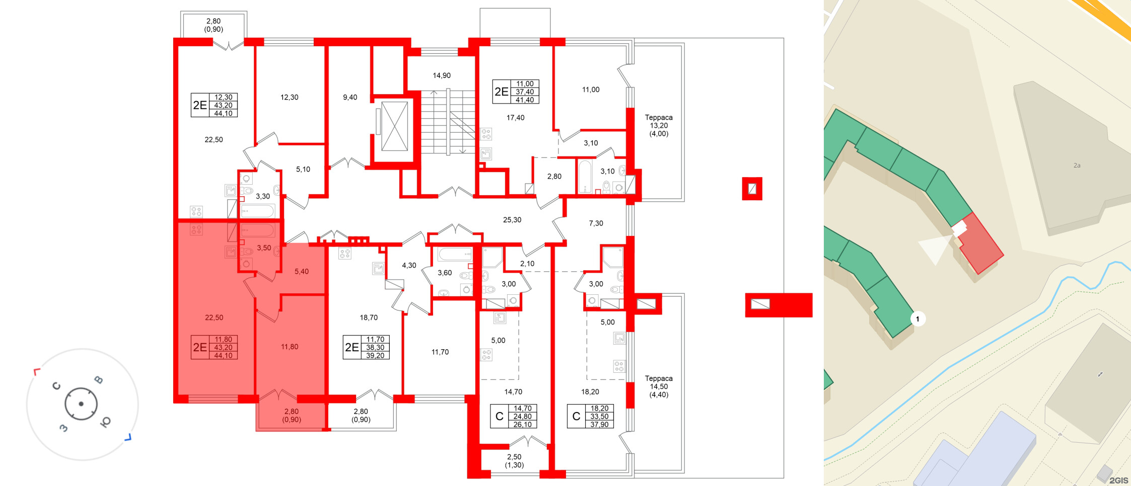 Квартира в ЖК Кронунг Юг, 1 комнатная, 44.1 м², 6 этаж