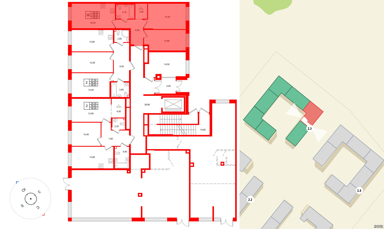 Квартира в ЖК Лисино, 2 комнатная, 58.2 м², 1 этаж