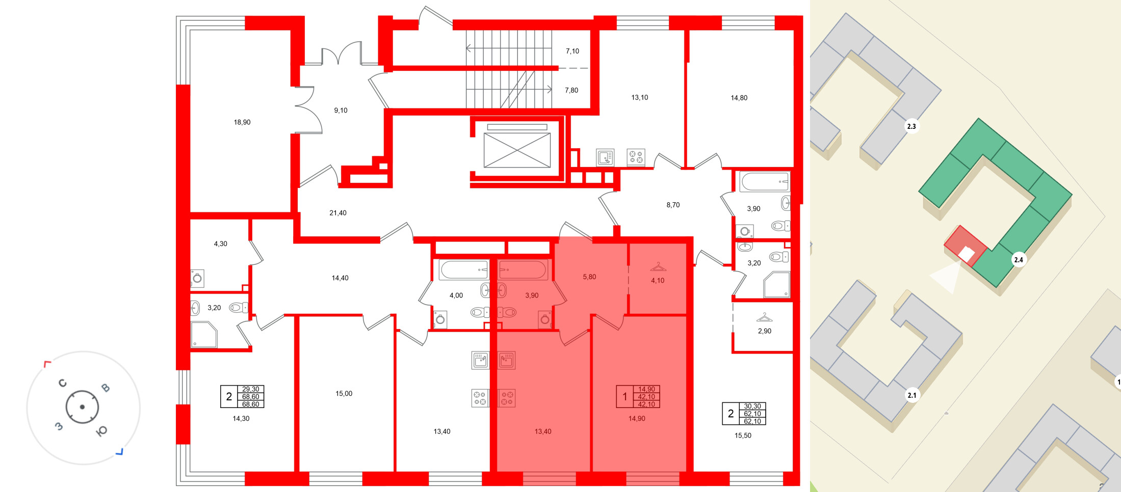 Квартира в ЖК Лисино, 1 комнатная, 42.1 м², 1 этаж