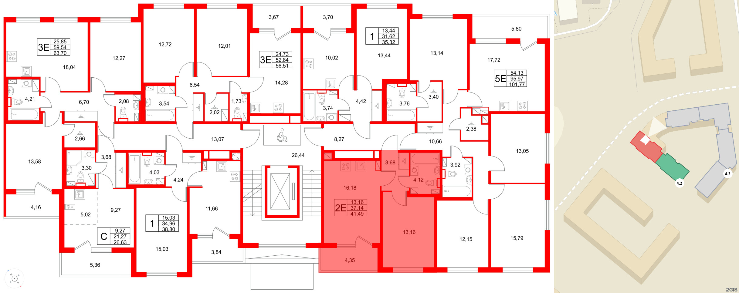 Квартира в ЖК Любоград, 1 комнатная, 41.49 м², 2 этаж