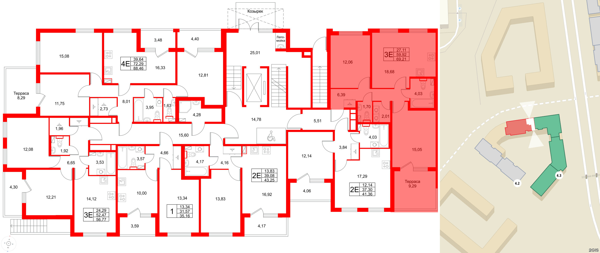 Квартира в ЖК Любоград, 2 комнатная, 69.21 м², 1 этаж