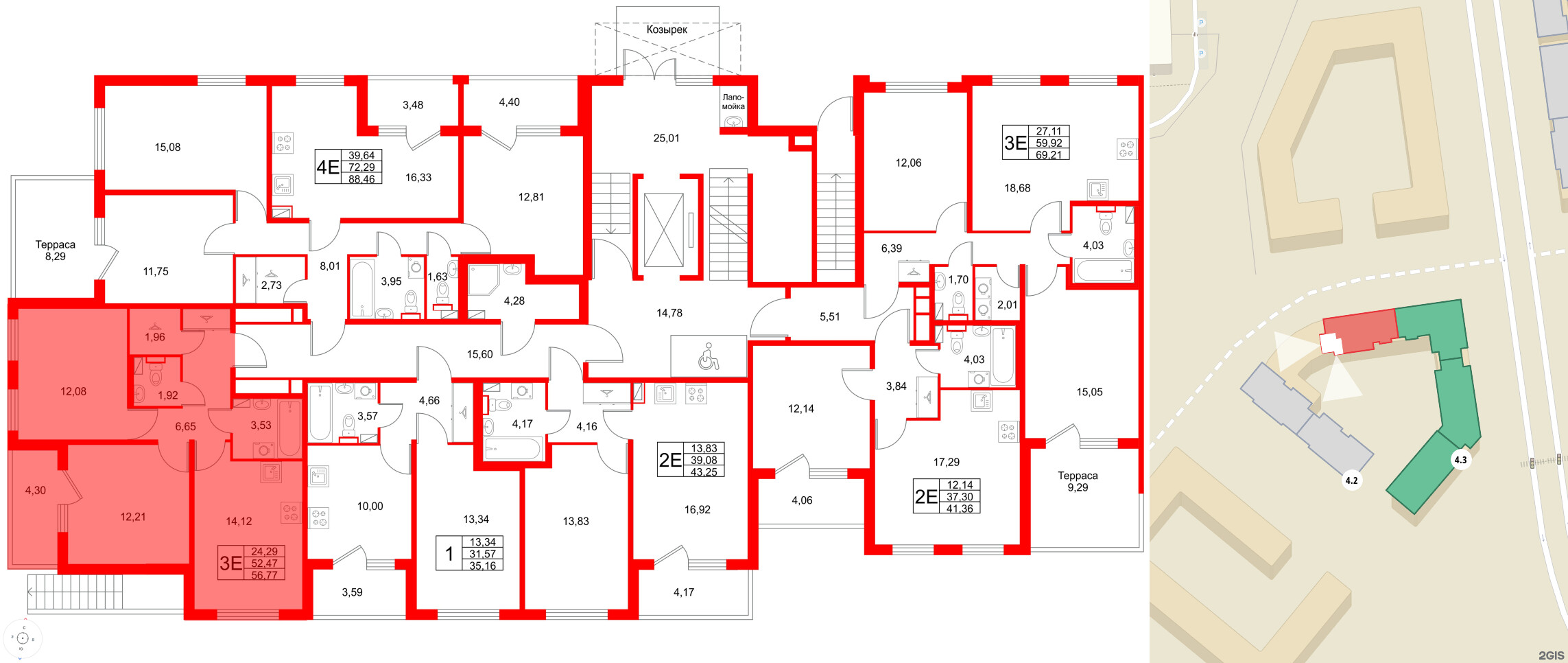 Квартира в ЖК Любоград, 2 комнатная, 56.77 м², 1 этаж