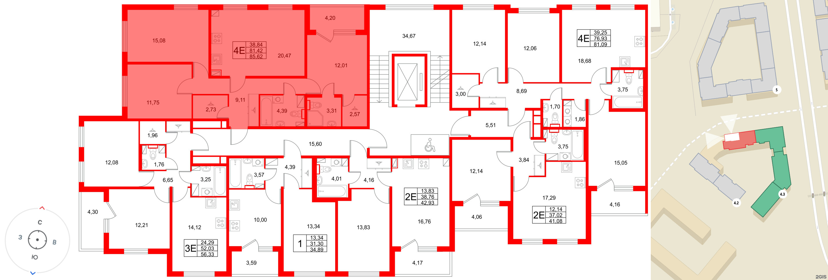 Квартира в ЖК Любоград, 3 комнатная, 85.62 м², 2 этаж