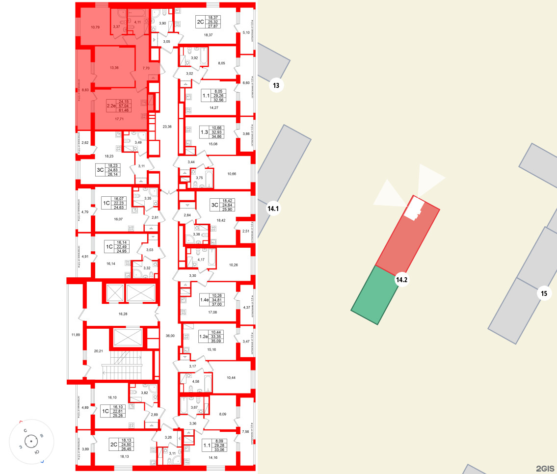 Квартира в ЖК «Город звёзд», 2 комнатная, 57.04 м², 14 этаж