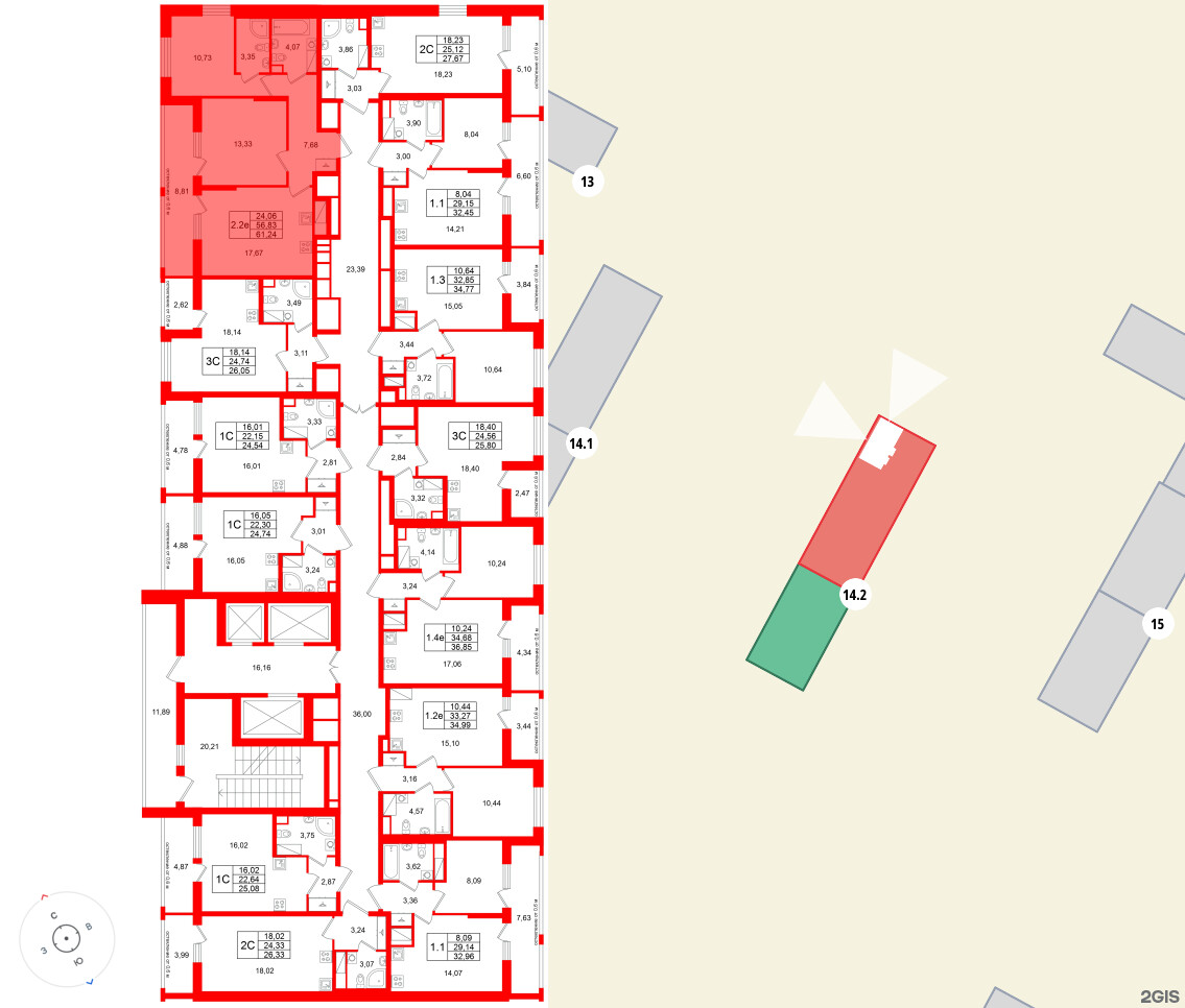 Квартира в ЖК «Город звёзд», 2 комнатная, 56.83 м², 7 этаж