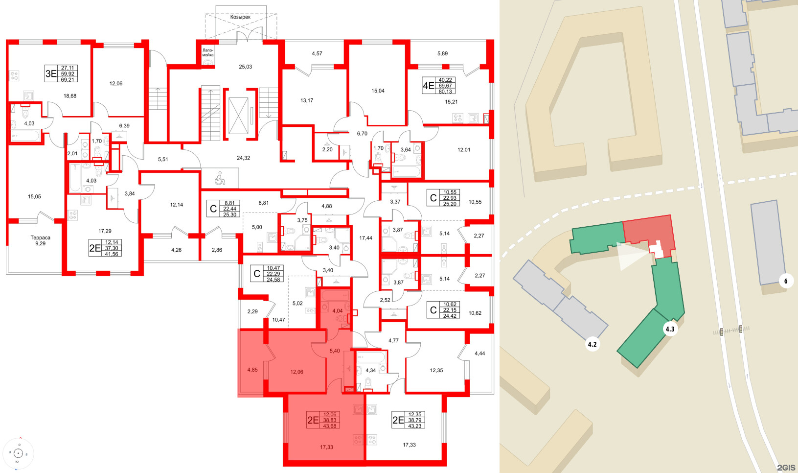Квартира в ЖК Любоград, 1 комнатная, 43.68 м², 1 этаж