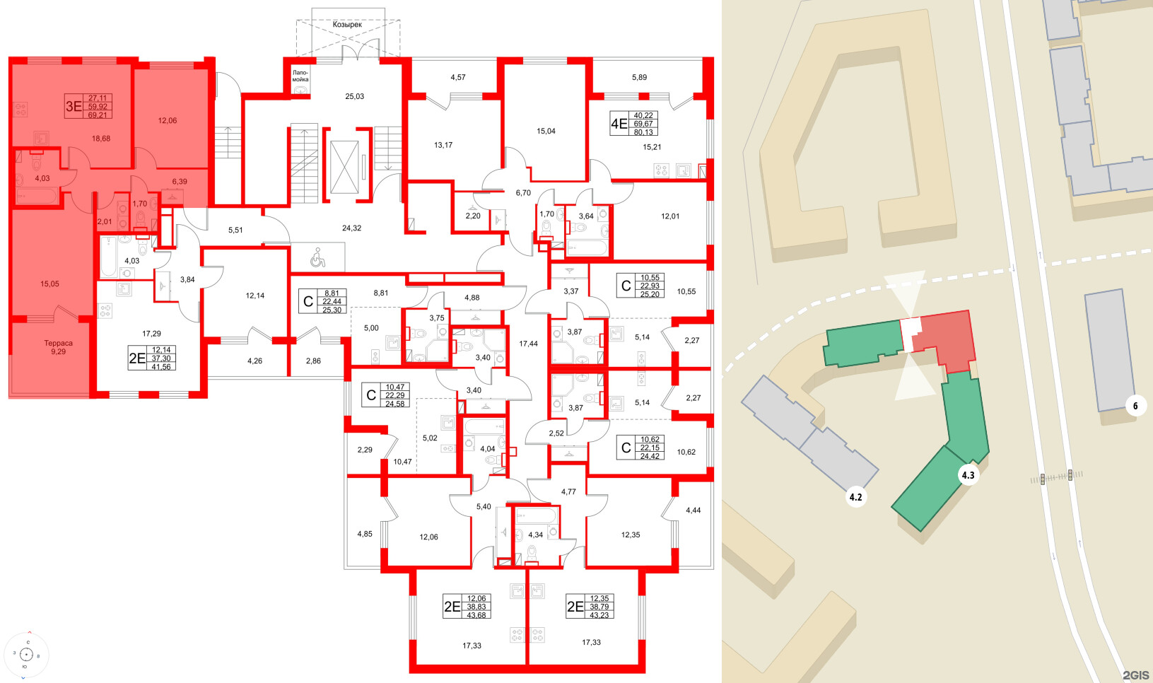 Квартира в ЖК Любоград, 2 комнатная, 69.21 м², 1 этаж