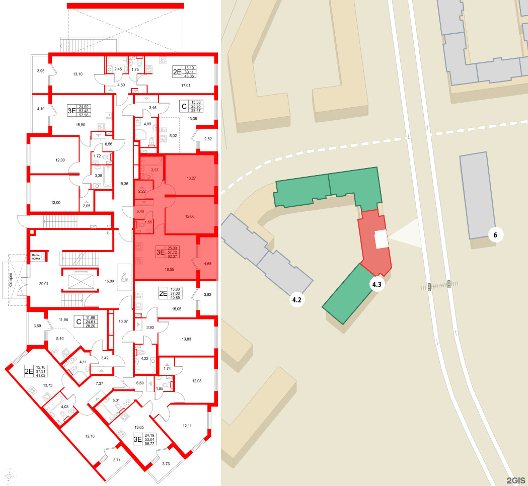 Квартира в ЖК Любоград, 2 комнатная, 62.37 м², 1 этаж