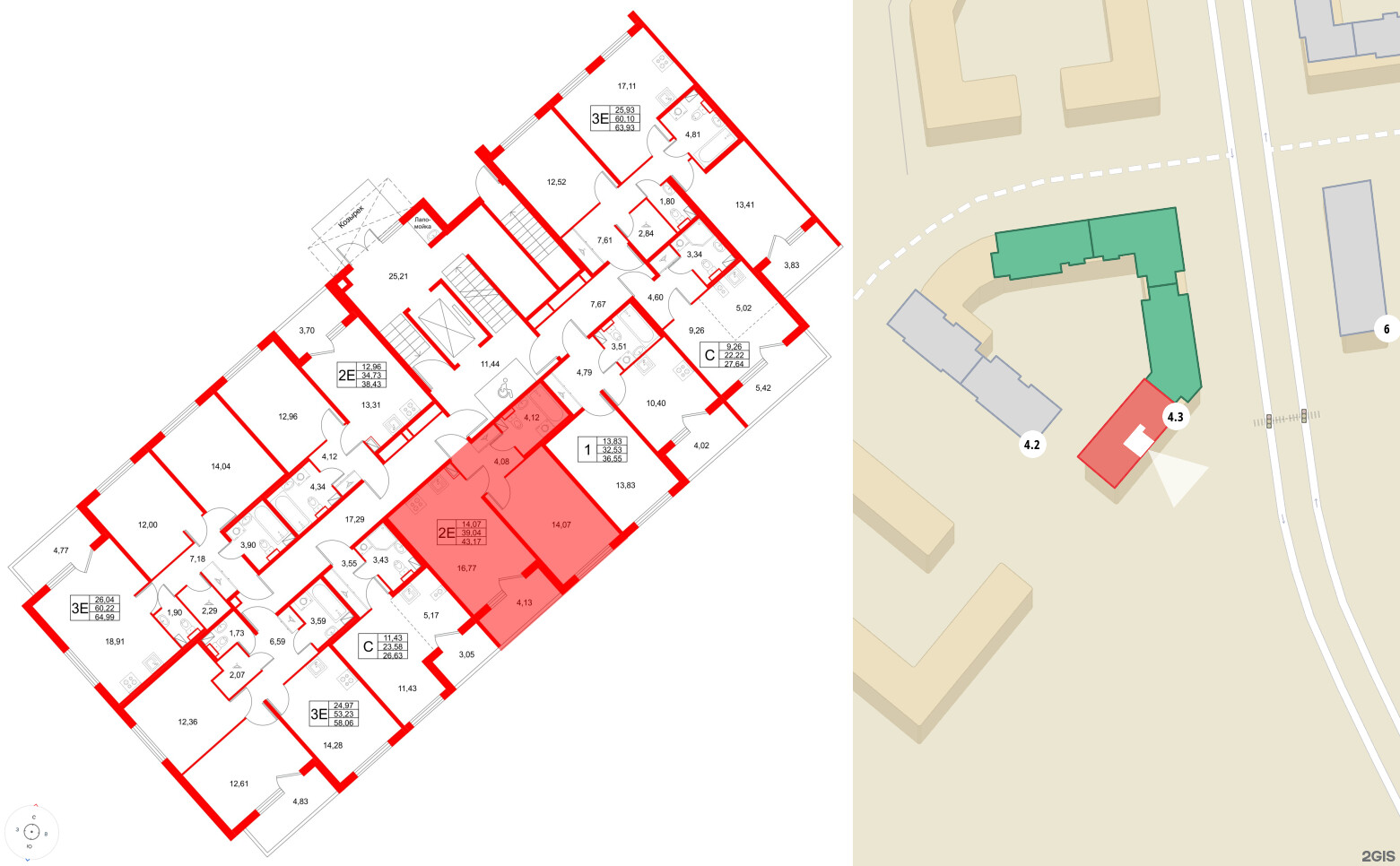 Квартира в ЖК Любоград, 1 комнатная, 43.17 м², 1 этаж