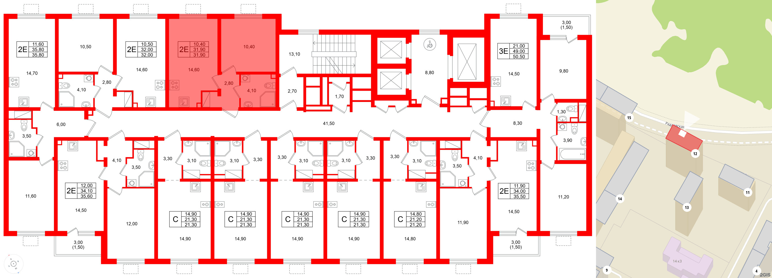 Квартира в ЖК «Ручьи–2», 1 комнатная, 31.9 м², 21 этаж