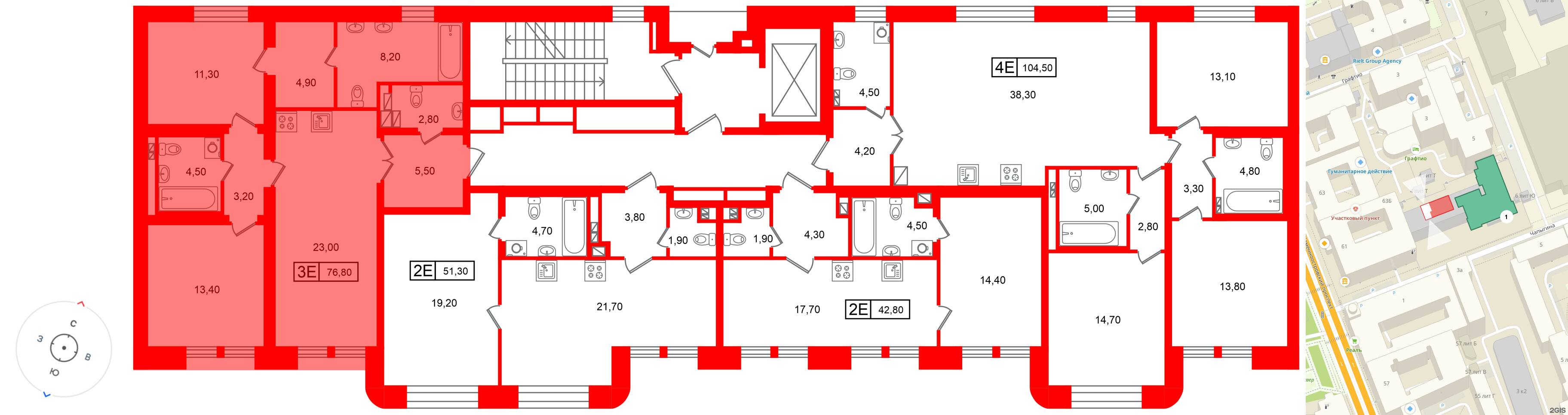 Квартира в ЖК «Коллекционер», 2 комнатная, 76.8 м², 4 этаж