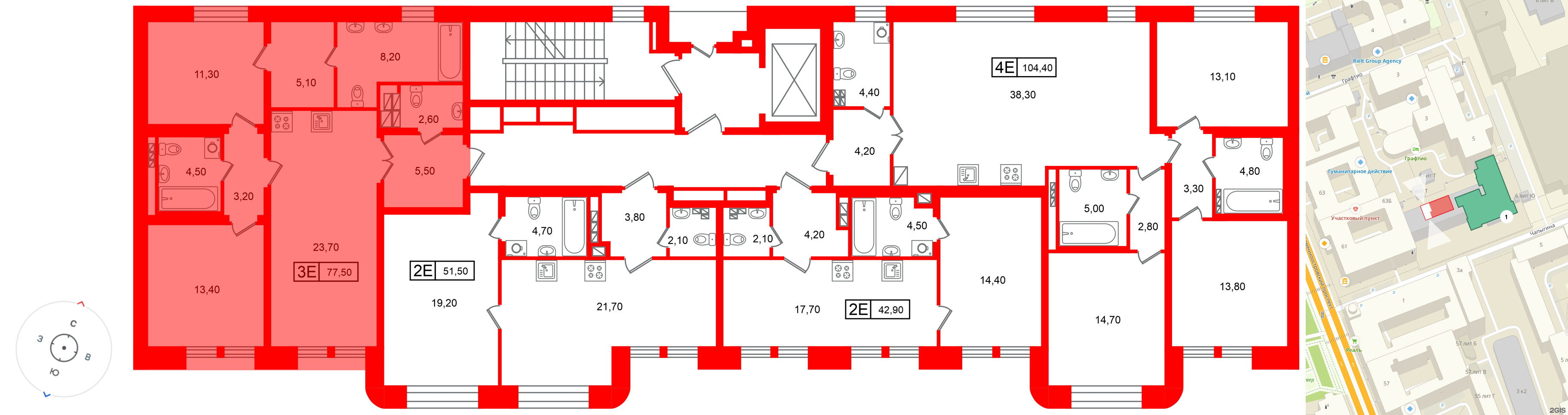 Квартира в ЖК «Коллекционер», 2 комнатная, 77.5 м², 5 этаж