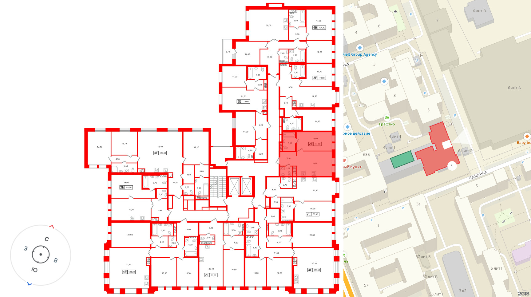 Квартира в ЖК «Коллекционер», 1 комнатная, 47.4 м², 6 этаж