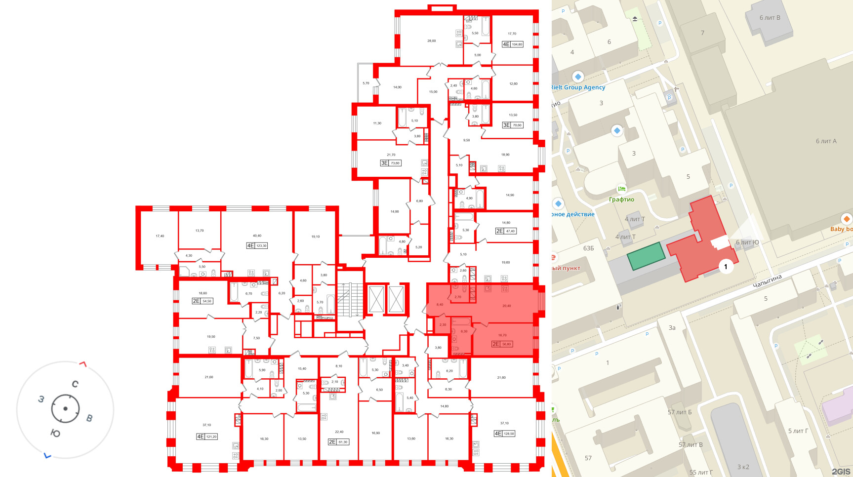 Квартира в ЖК «Коллекционер», 1 комнатная, 56.8 м², 6 этаж