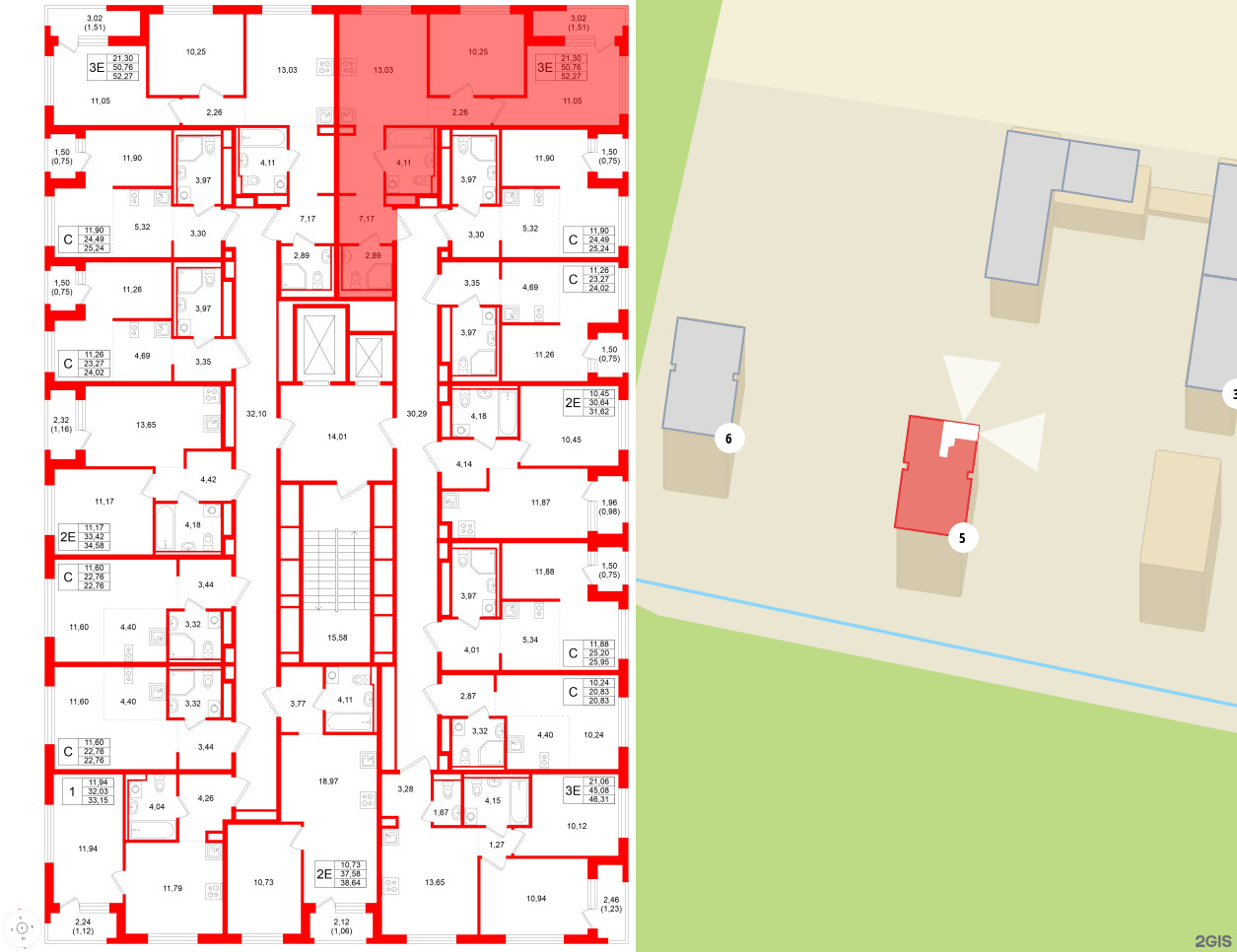 Квартира в ЖК GloraX Новоселье, 2 комнатная, 52.27 м², 2 этаж