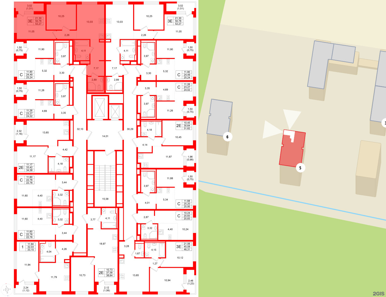 Квартира в ЖК GloraX Новоселье, 2 комнатная, 52.27 м², 2 этаж