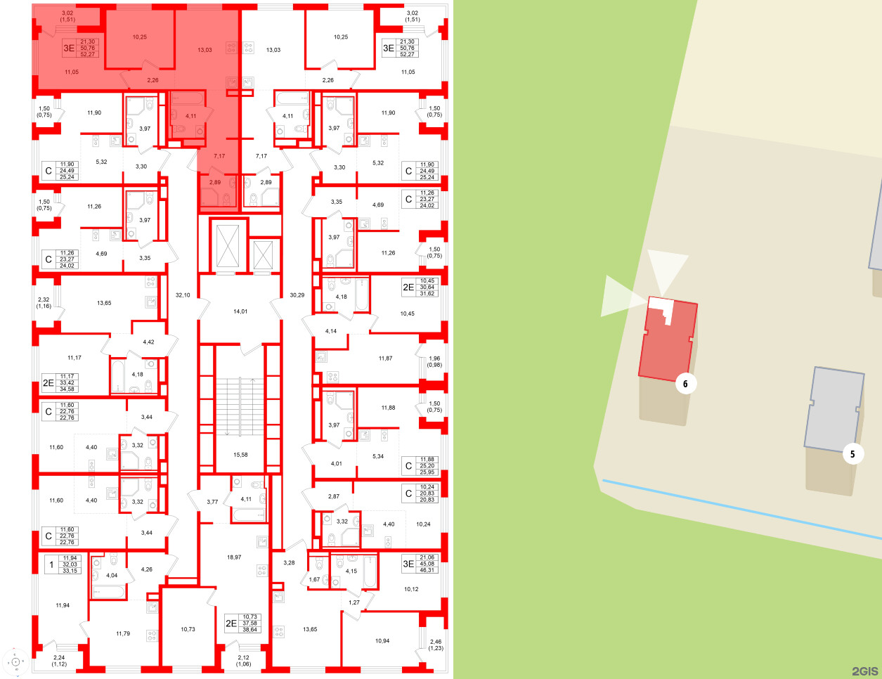 Квартира в ЖК GloraX Новоселье, 2 комнатная, 52.27 м², 6 этаж