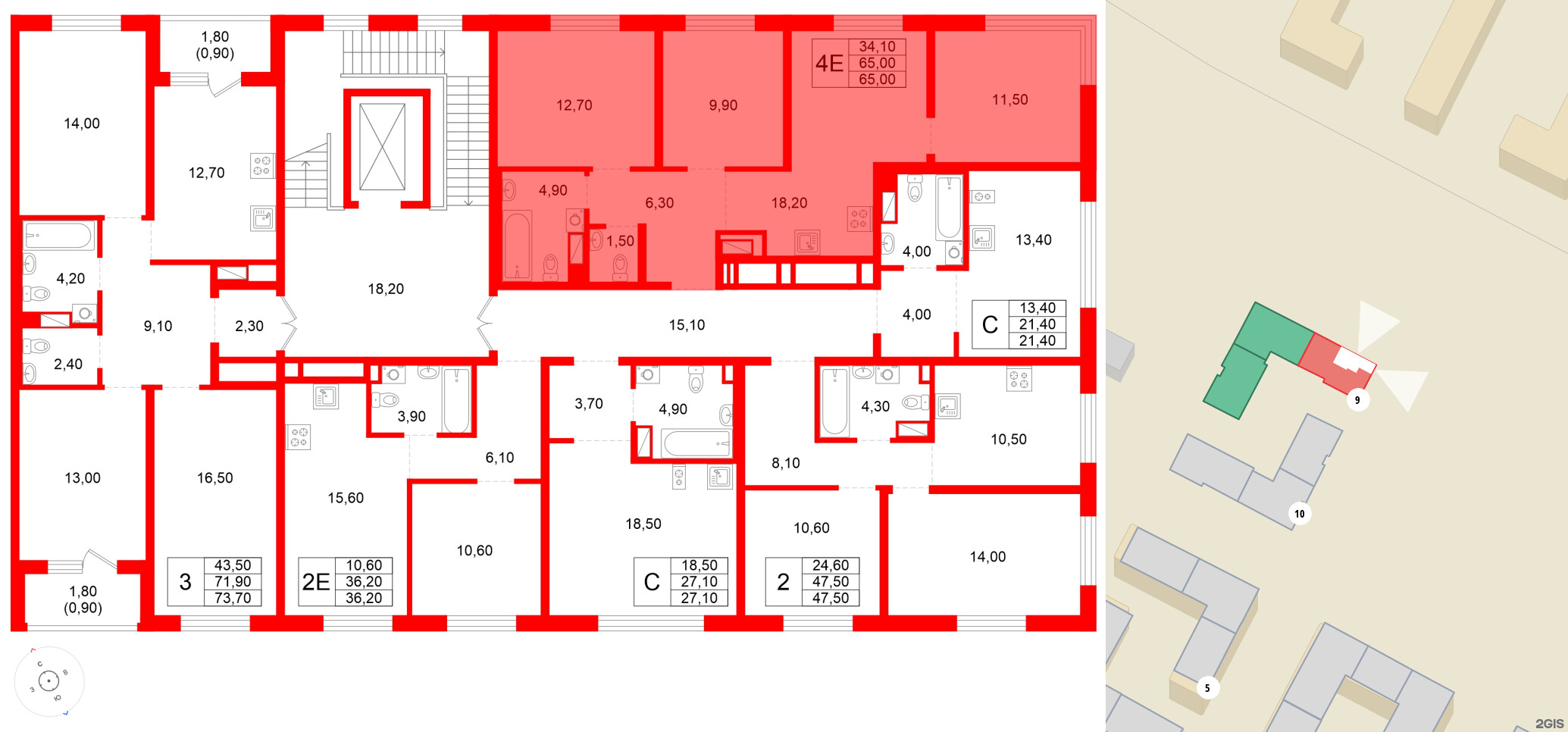 Квартира в ЖК Plus Пулковский, 3 комнатная, 65 м², 2 этаж
