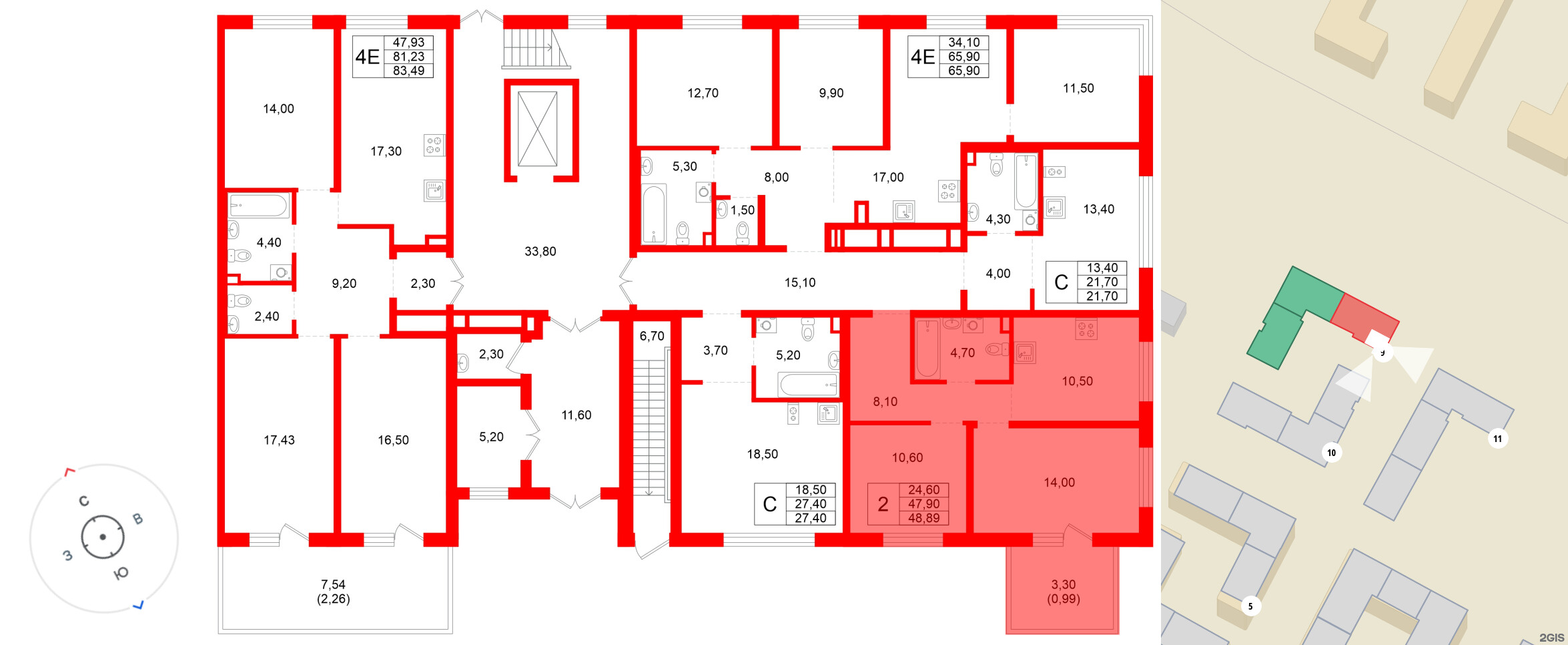 Квартира в ЖК «Плюс Пулковский», 2 комнатная, 47.9 м², 1 этаж