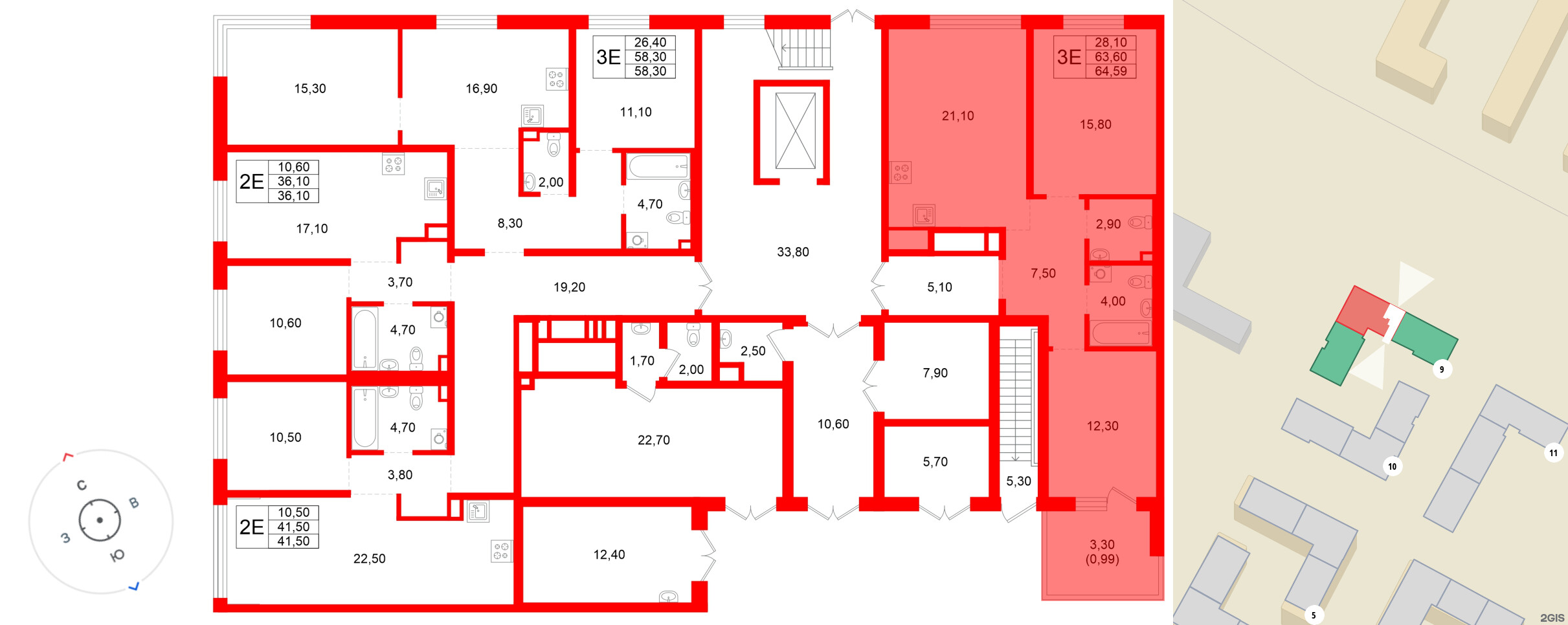 Квартира в ЖК «Плюс Пулковский», 2 комнатная, 63.6 м², 1 этаж