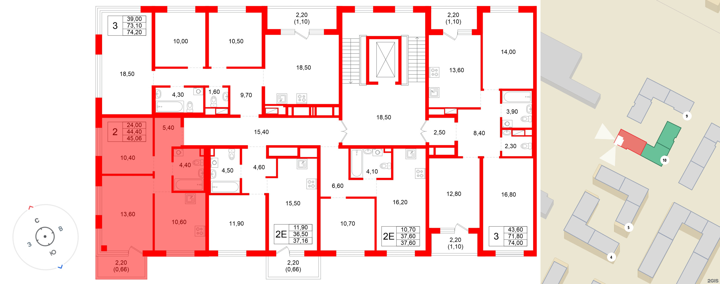 Квартира в ЖК «Плюс Пулковский», 2 комнатная, 45.06 м², 2 этаж