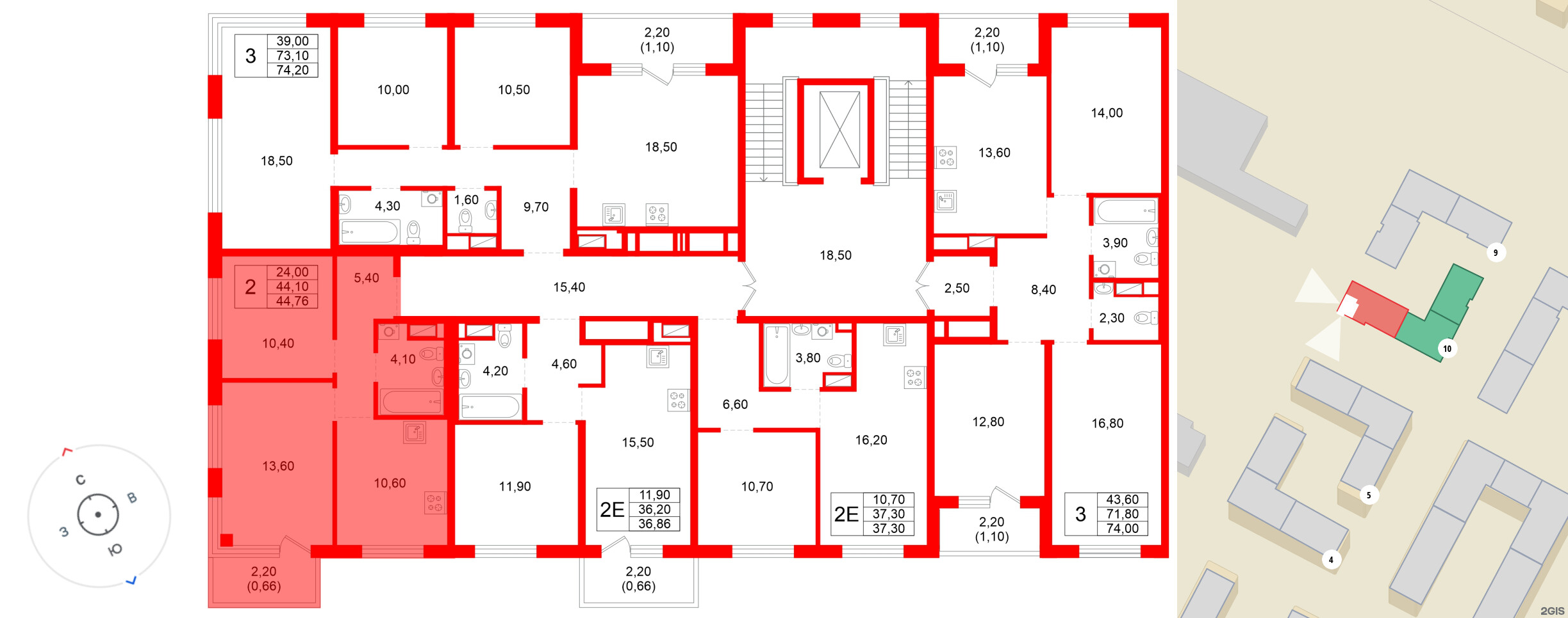 Квартира в ЖК «Плюс Пулковский», 2 комнатная, 44.76 м², 5 этаж