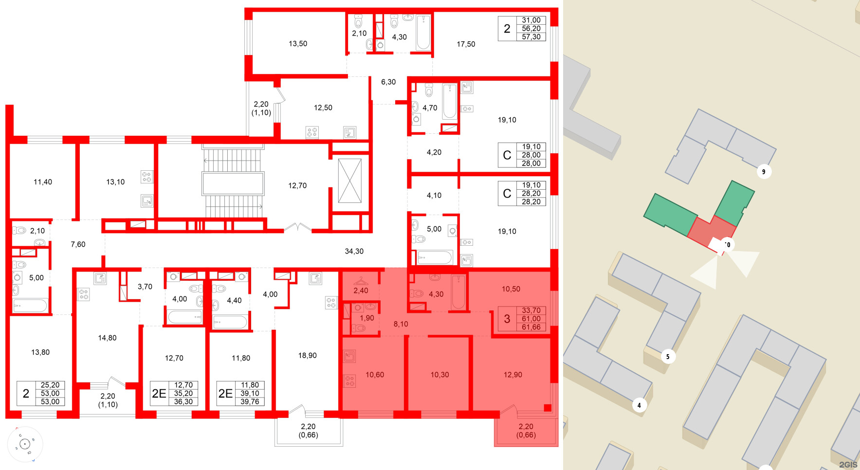 Квартира в ЖК Plus Пулковский, 3 комнатная, 61.66 м², 2 этаж