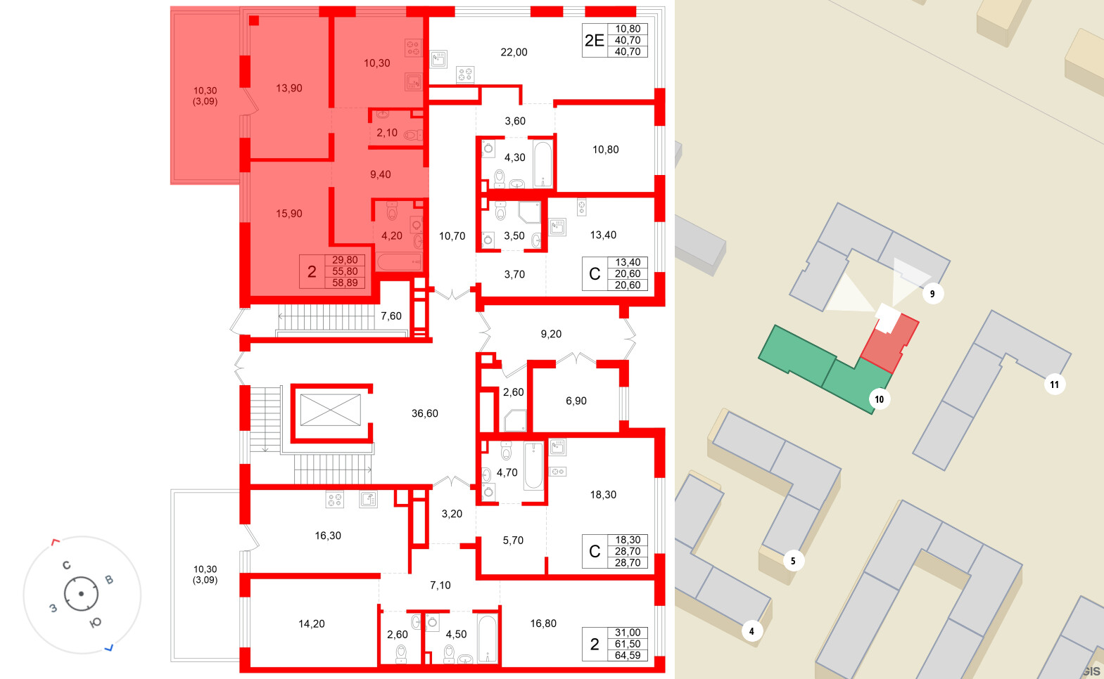 Квартира в ЖК «Плюс Пулковский», 2 комнатная, 58.89 м², 1 этаж