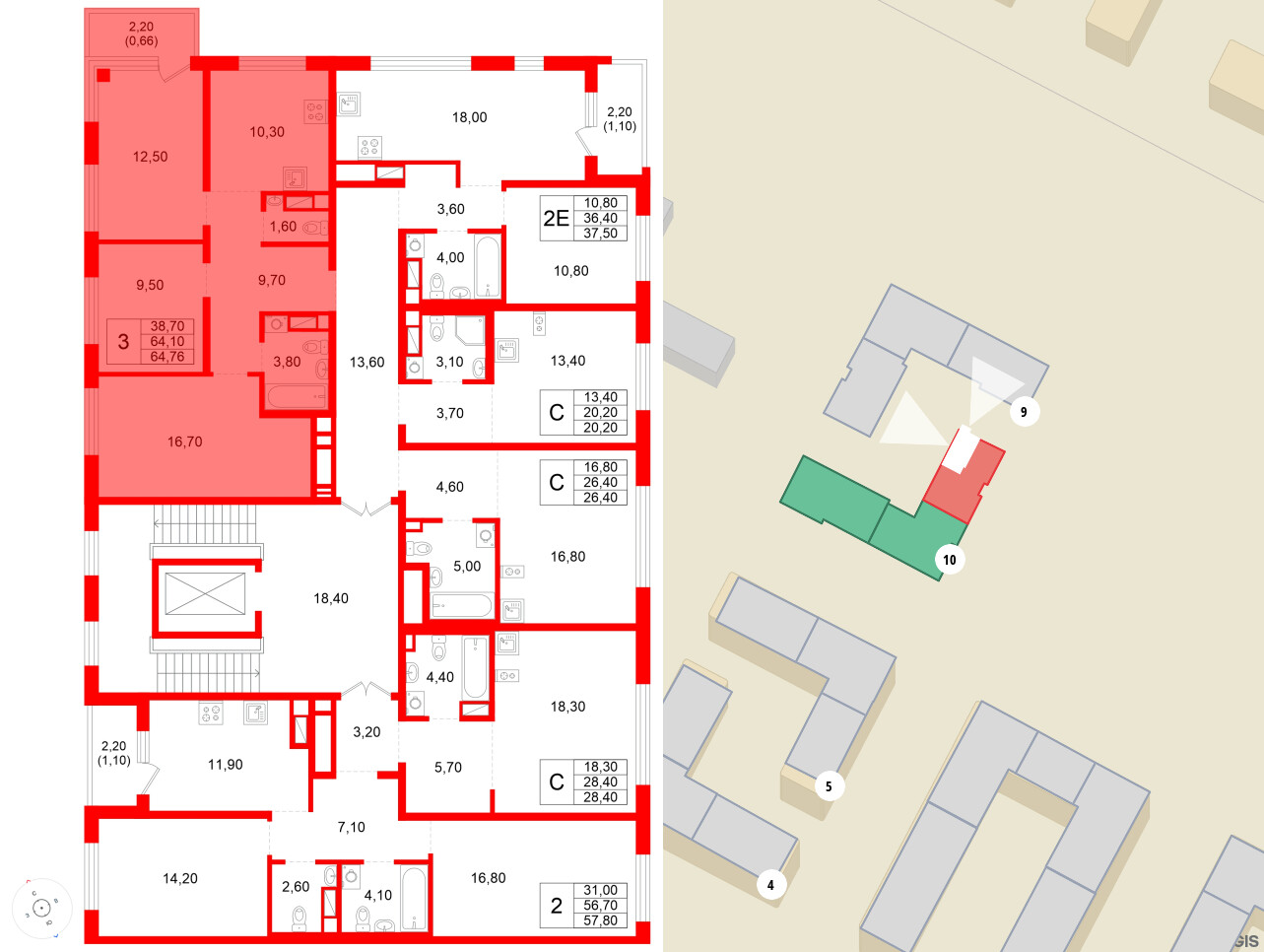 Квартира в ЖК Plus Пулковский, 3 комнатная, 64.76 м², 2 этаж