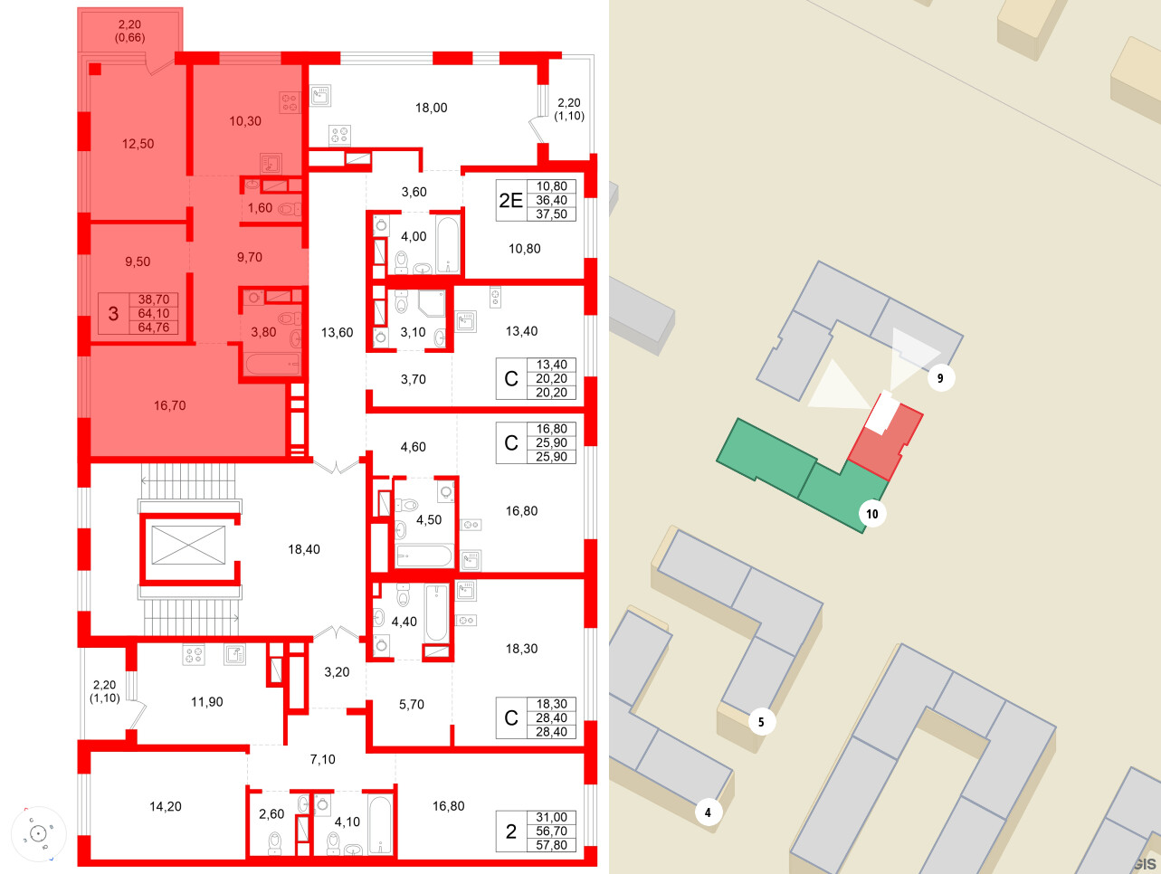 Квартира в ЖК Plus Пулковский, 3 комнатная, 64.76 м², 4 этаж