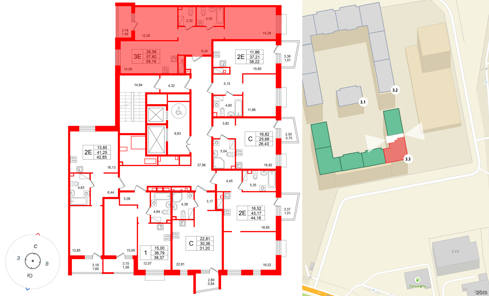 Квартира в ЖК «Респект», 2 комнатная, 59.19 м², 8 этаж