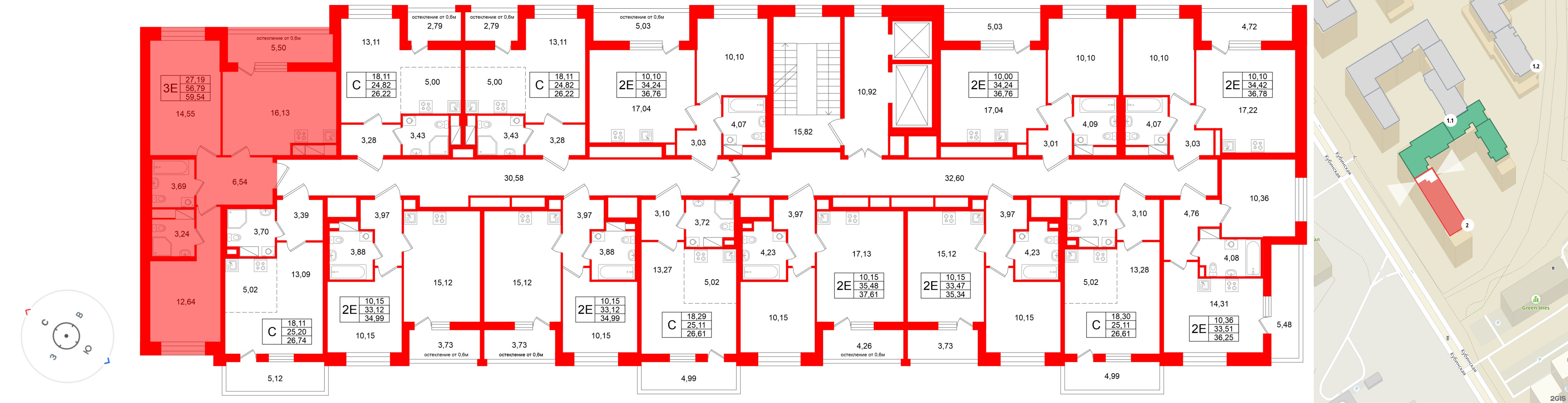 Квартира в ЖК Титул в Московском, 2 комнатная, 56.79 м², 3 этаж