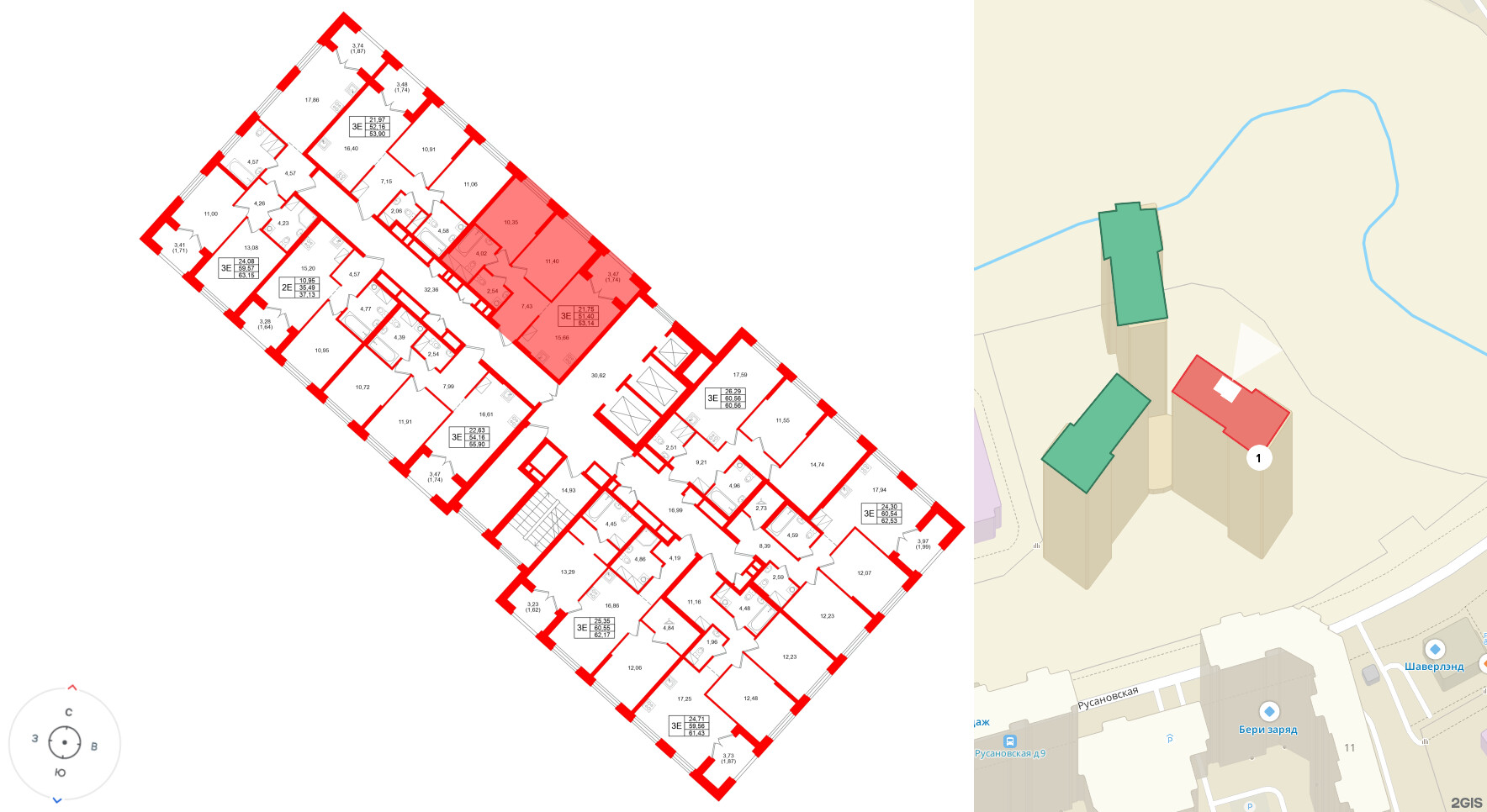 Квартира в ЖК «Речной квартал», 2 комнатная, 53.14 м², 21 этаж