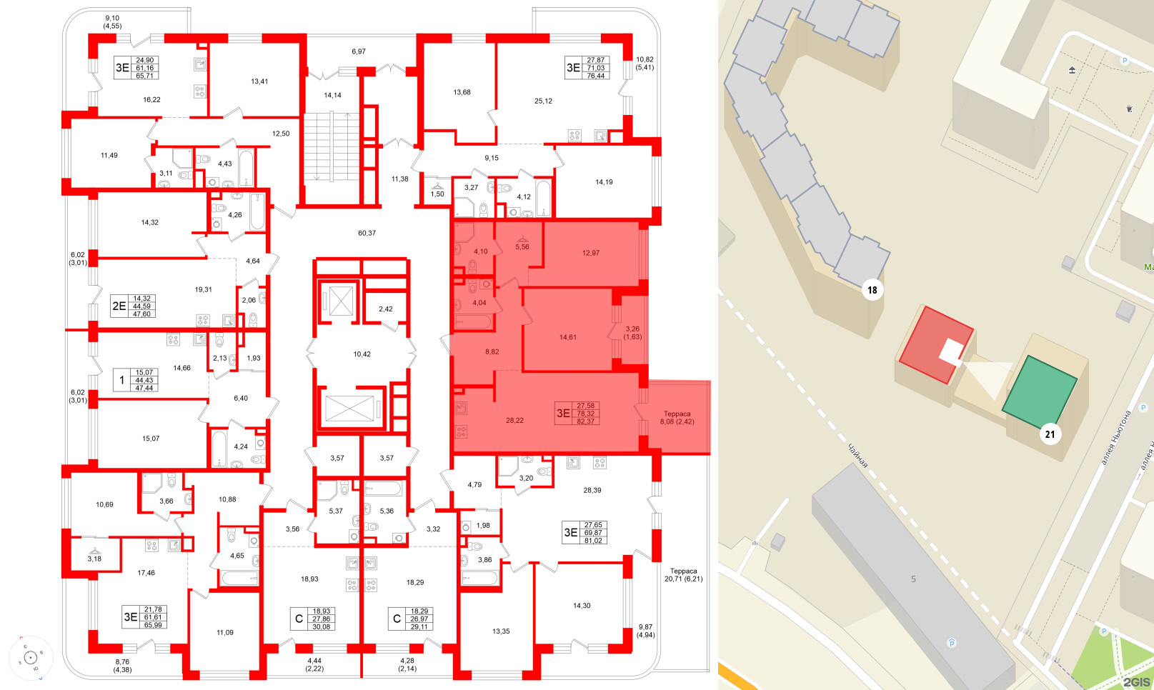 Квартира в ЖК Энфилд, 2 комнатная, 82.37 м², 2 этаж
