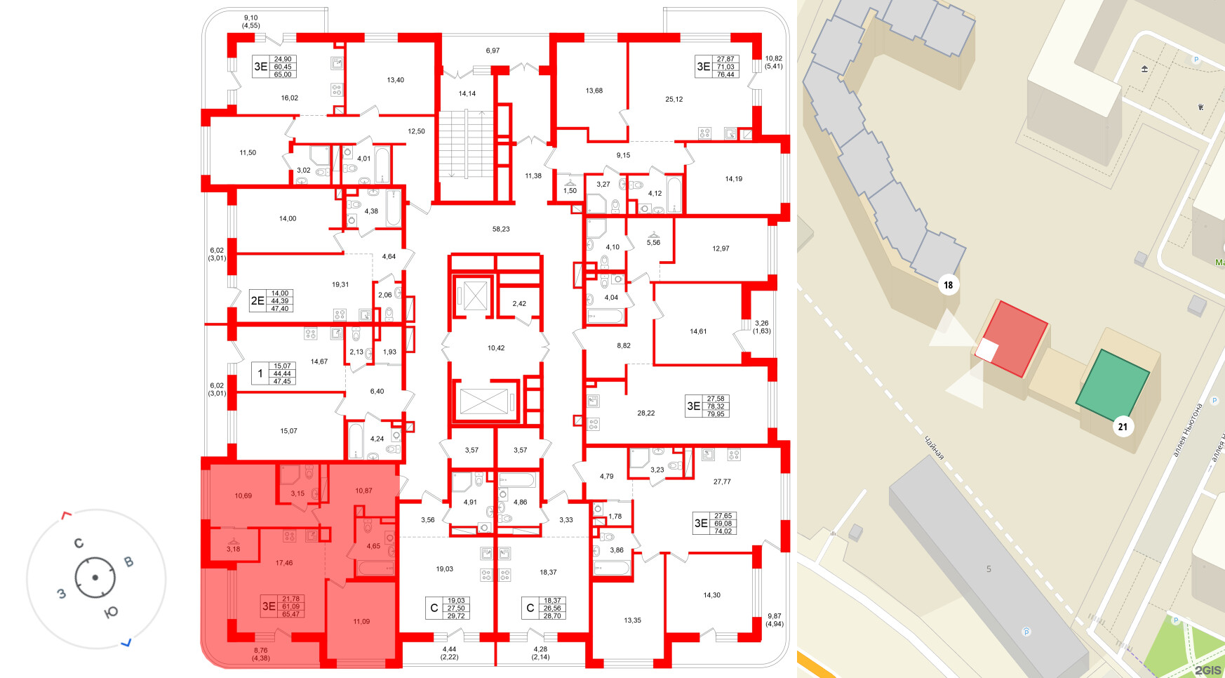 Квартира в ЖК Энфилд, 2 комнатная, 65.47 м², 10 этаж