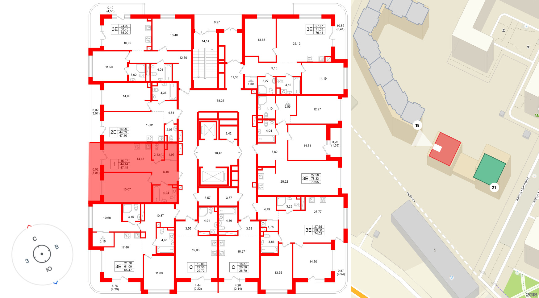 Квартира в ЖК Энфилд, 1 комнатная, 47.45 м², 6 этаж