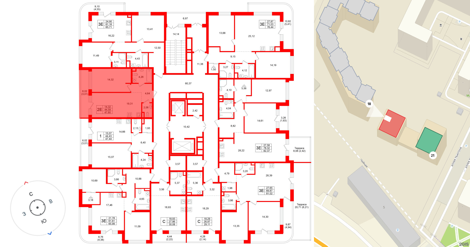 Квартира в ЖК Энфилд, 1 комнатная, 47.6 м², 2 этаж