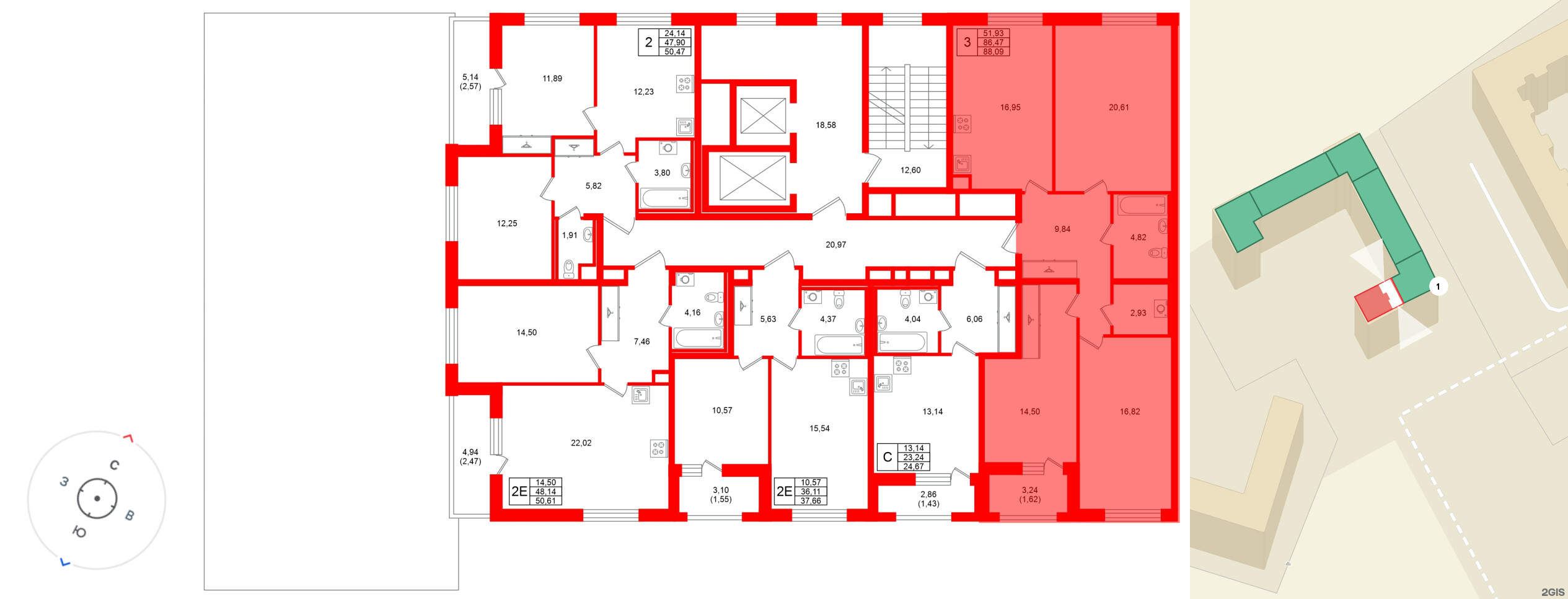 Квартира в ЖК «Аквилон Солар», 3 комнатная, 88.09 м², 2 этаж