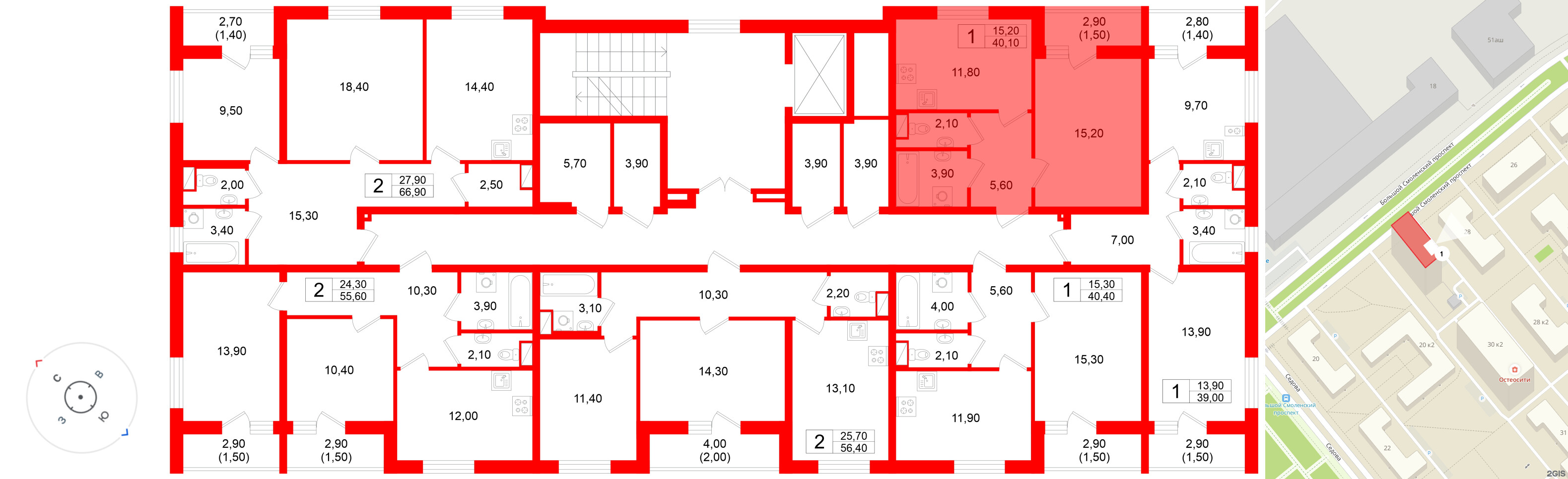Квартира в ЖК «Дом на Большом Смоленском», 1 комнатная, 40.1 м², 4 этаж