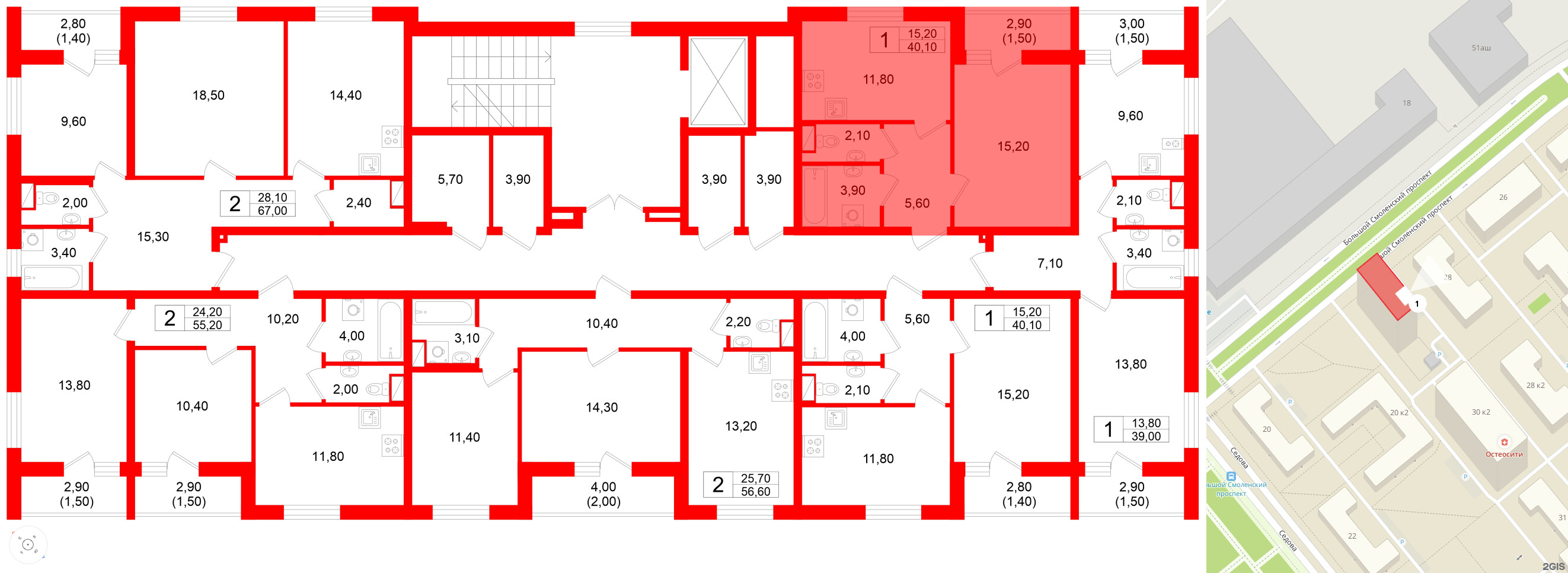 Квартира в ЖК Дом на Большом Смоленском, 1 комнатная, 40.1 м², 6 этаж