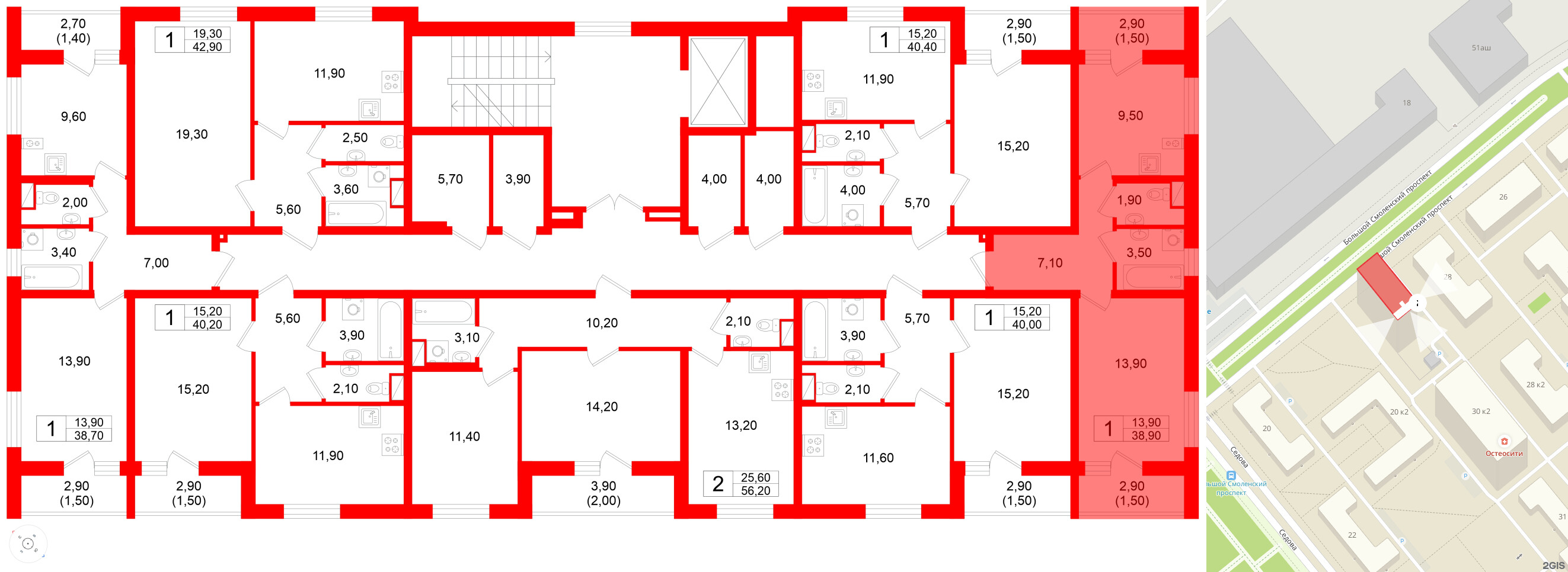 Квартира в ЖК Дом на Большом Смоленском, 1 комнатная, 38.9 м², 2 этаж