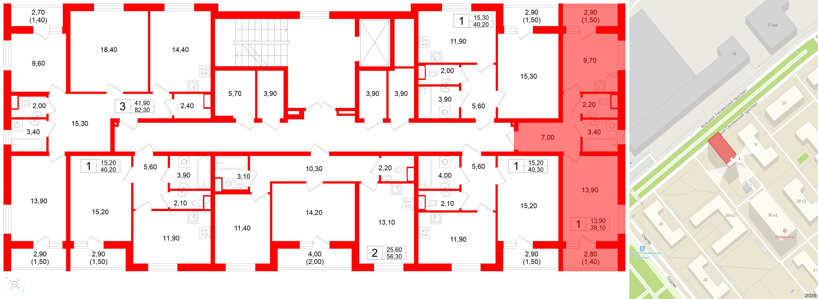 Квартира в ЖК Дом на Большом Смоленском, 1 комнатная, 39.1 м², 8 этаж