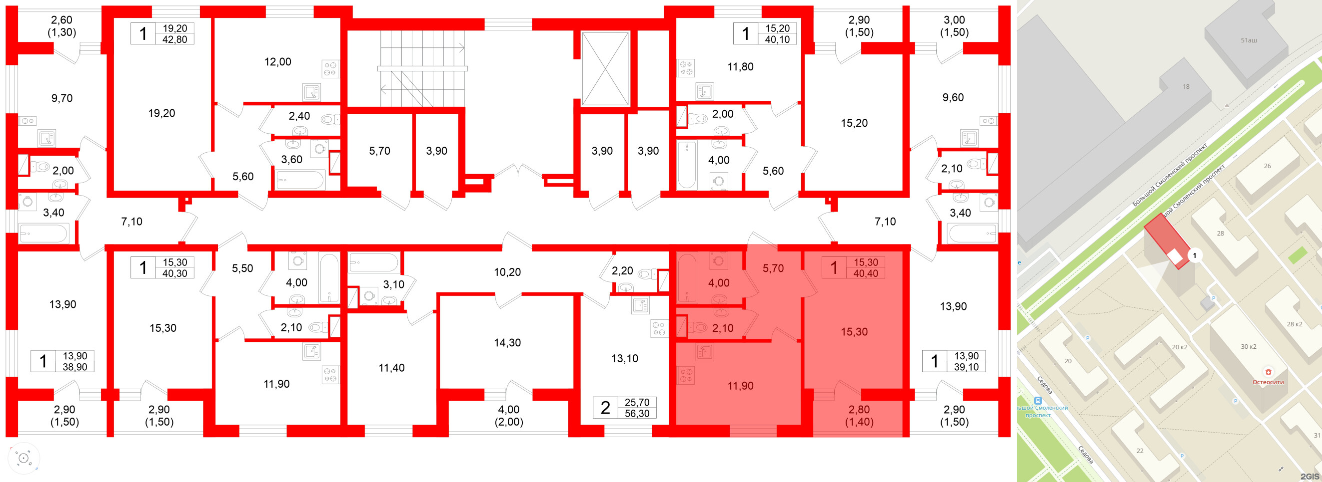 Квартира в ЖК Дом на Большом Смоленском, 1 комнатная, 40.4 м², 3 этаж