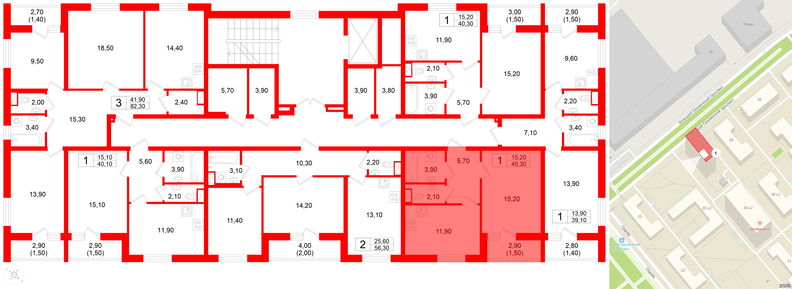 Квартира в ЖК Дом на Большом Смоленском, 1 комнатная, 40.3 м², 9 этаж