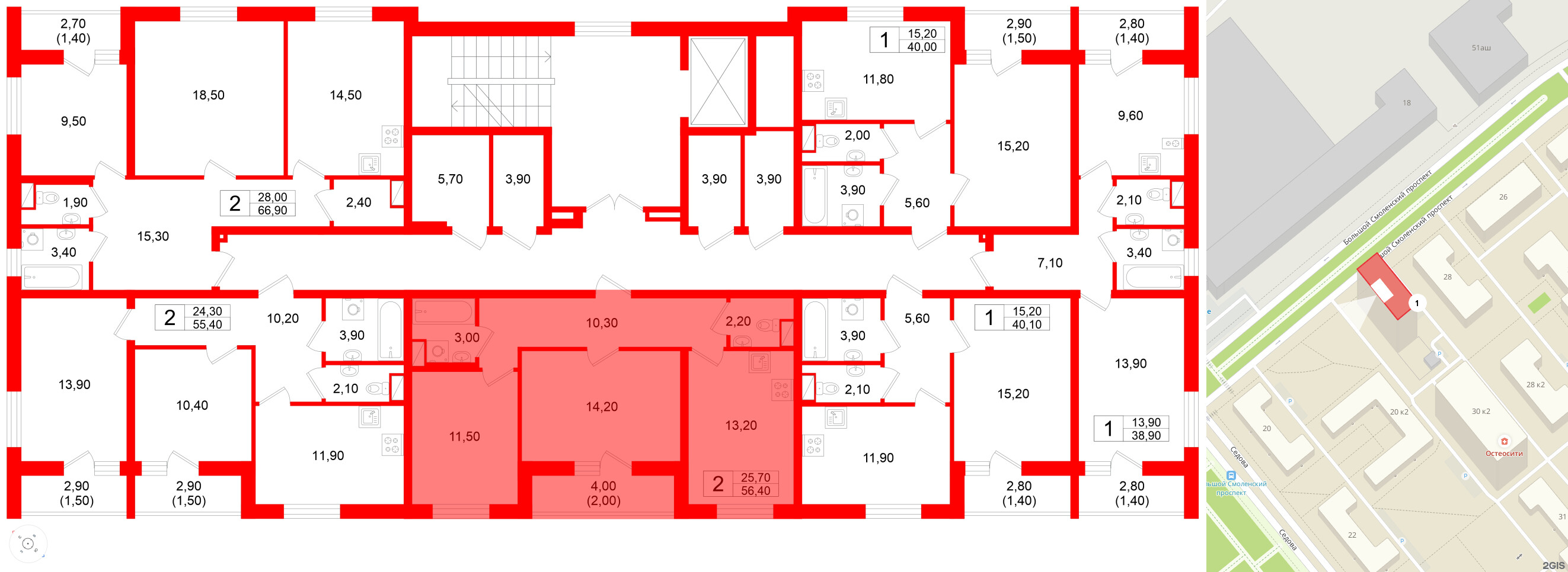 Квартира в ЖК Дом на Большом Смоленском, 2 комнатная, 56.4 м², 7 этаж