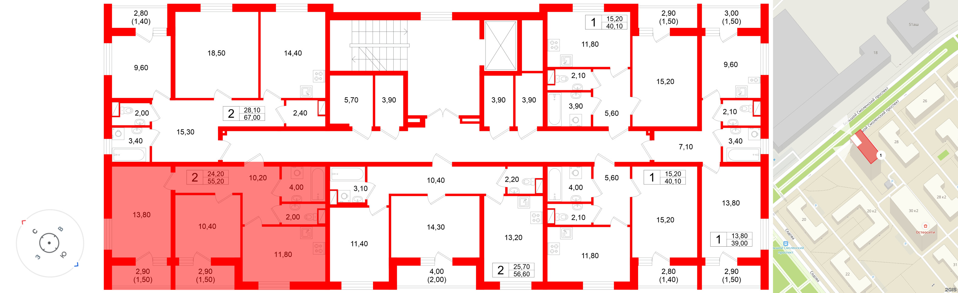 Квартира в ЖК «Дом на Большом Смоленском», 2 комнатная, 55.2 м², 6 этаж